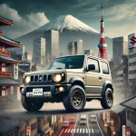 日本の都市背景をバックにした、5ドア仕様のスズキ・ジムニー。オフロード性能を強調し、ジムニー5ドアの未発売に関する疑問を示すテキストが表示されています。