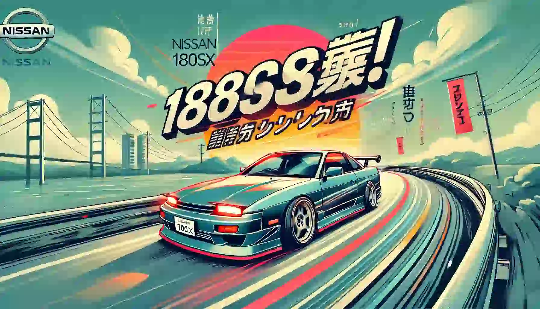 オープンロードを走行する洗練されたNissan 180SXのバナー画像。『180SX維持は無理じゃない！維持費を抑える裏技と賢いカーライフ戦略』というモダンな日本語テキストがオーバーレイされ、明るく楽観的な色彩で表現されている。