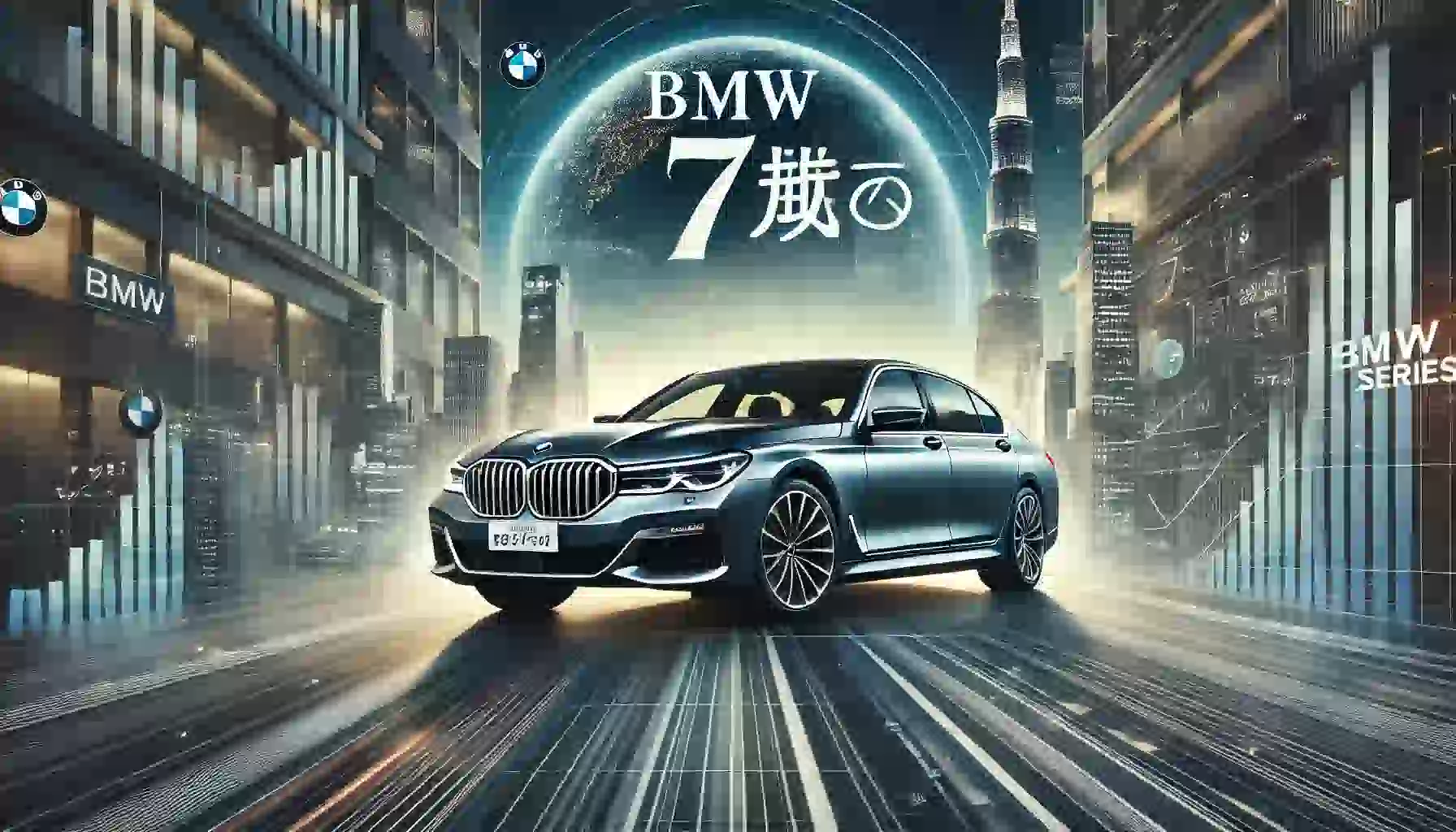 BMW 7シリーズの高級感あふれる車両が、夕暮れのモダンな都市風景を背景に配置されている画像。記事のタイトルがスタイリッシュなタイポグラフィで表示されている。