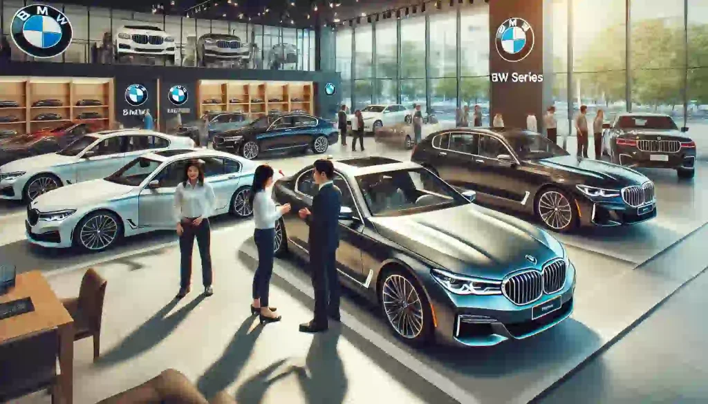 購入を検討している人に向けて、BMW 7シリーズが展示されているディーラーの写真。