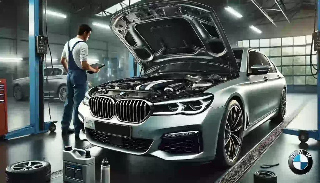 BMW 7シリーズのエンジンルームを開け、エンジンオイル漏れを確認している整備士の写真。