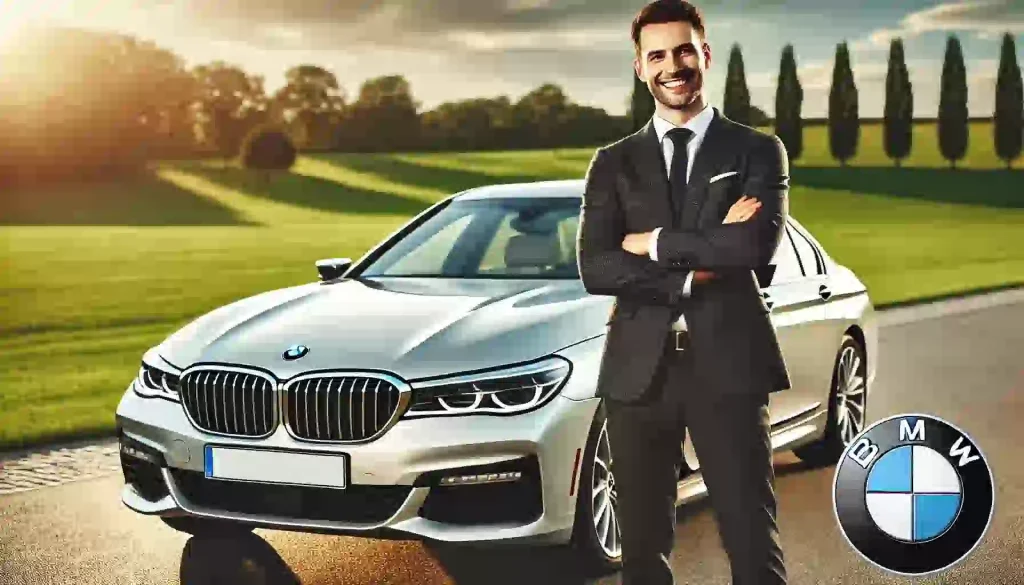 BMW 7シリーズを背景に、オーナーが満足そうに笑顔を見せている写真。