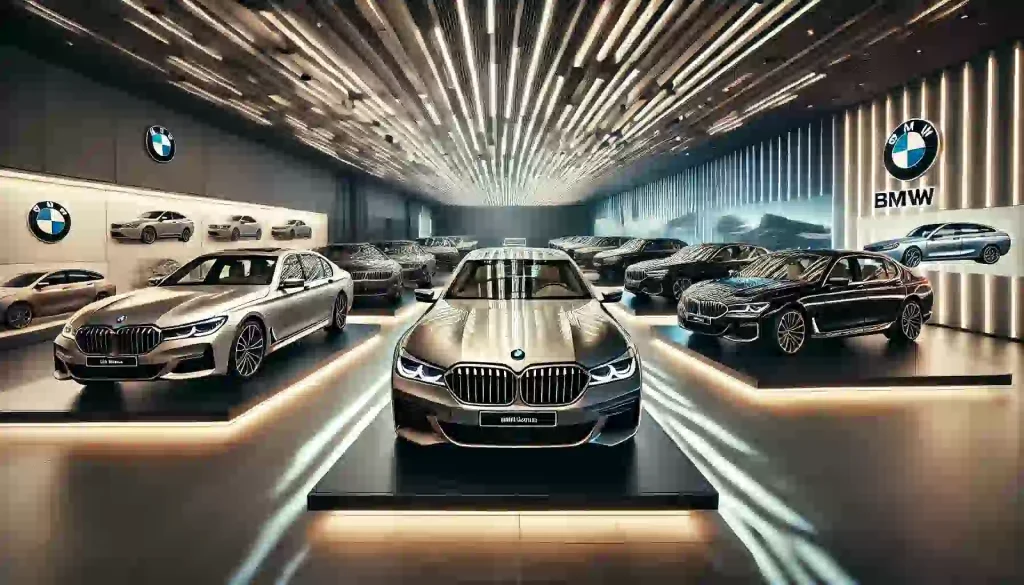 複数のBMW 7シリーズが並んでいるショールームの風景。特定年式モデルの故障傾向を表現。