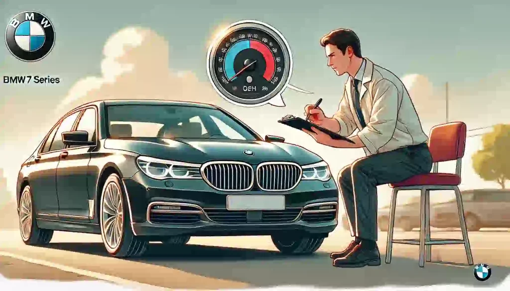 中古BMW 7シリーズを試乗中の男性。チェックポイントを確認している様子。