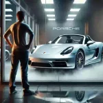 ポルシェディーラーのガラス越しに718スパイダーを見つめるフラストレーションを感じた車好きの人物。店内のスポットライトが車を照らし、その魅力と入手困難さを象徴している。