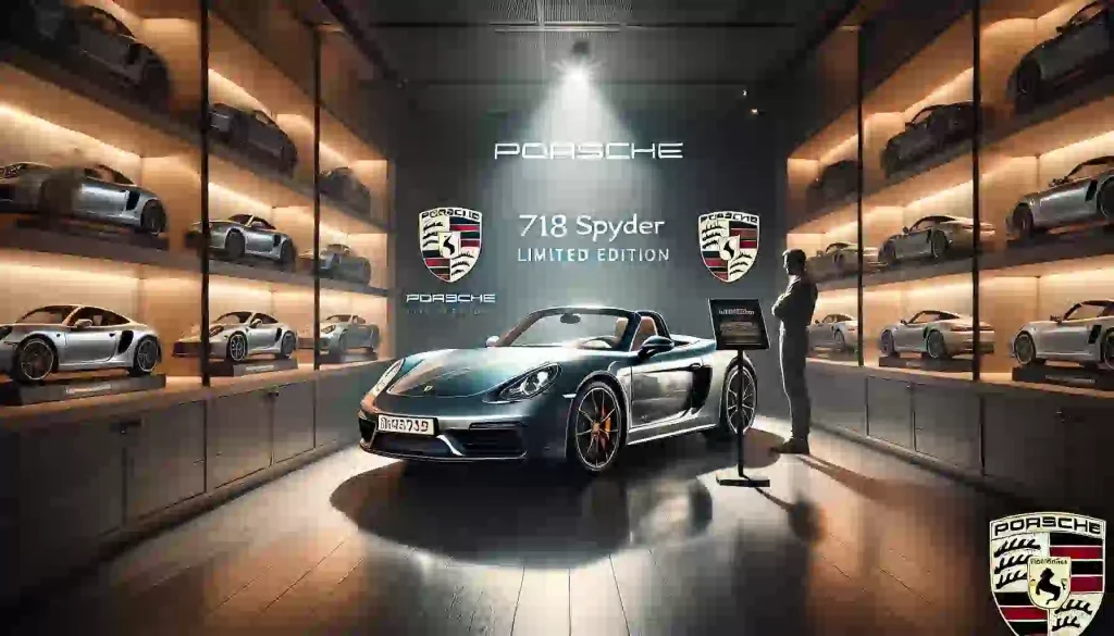 Porsche 718 Spyderが豪華なショールームに展示され、スポットライトがその洗練されたデザインを強調している。限定生産の希少性を象徴するシーン。