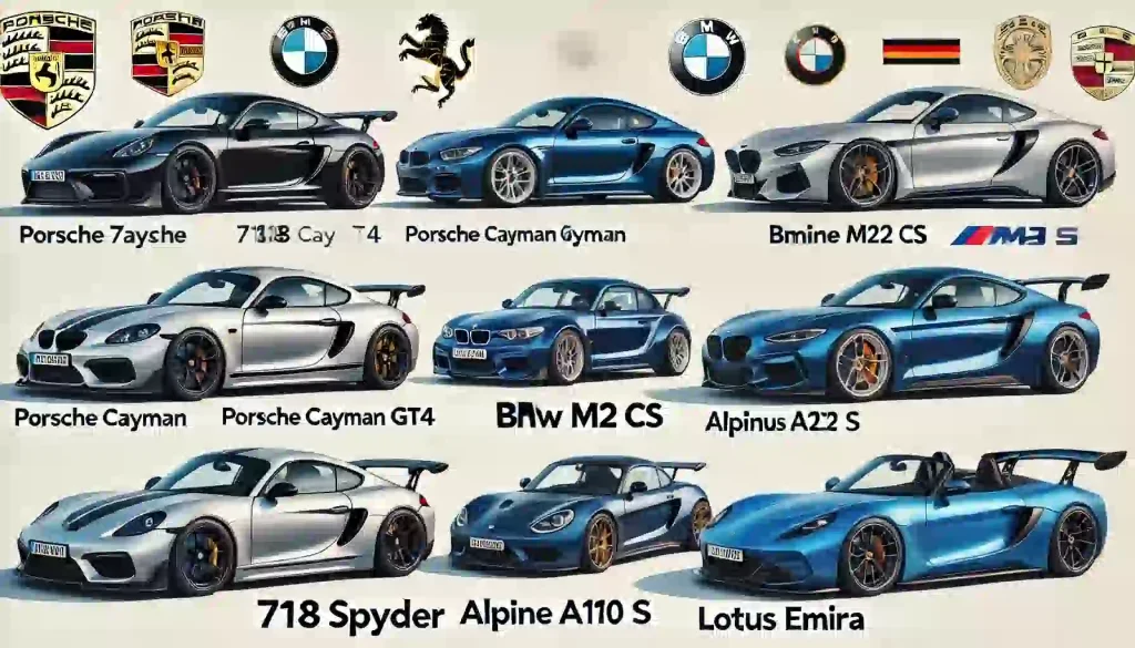 ポルシェ718ケイマンGT4、BMW M2 CS、アルピーヌA110 S、ロータス エミーラが並んで比較されている。各車にはラベルが付き、718スパイダーの代替モデルとしての選択肢を示している。