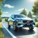 ボルボXC60が緑豊かな道路に停車している光景。車の洗練されたデザインと信頼性を象徴するフォトリアリスティックな画像。