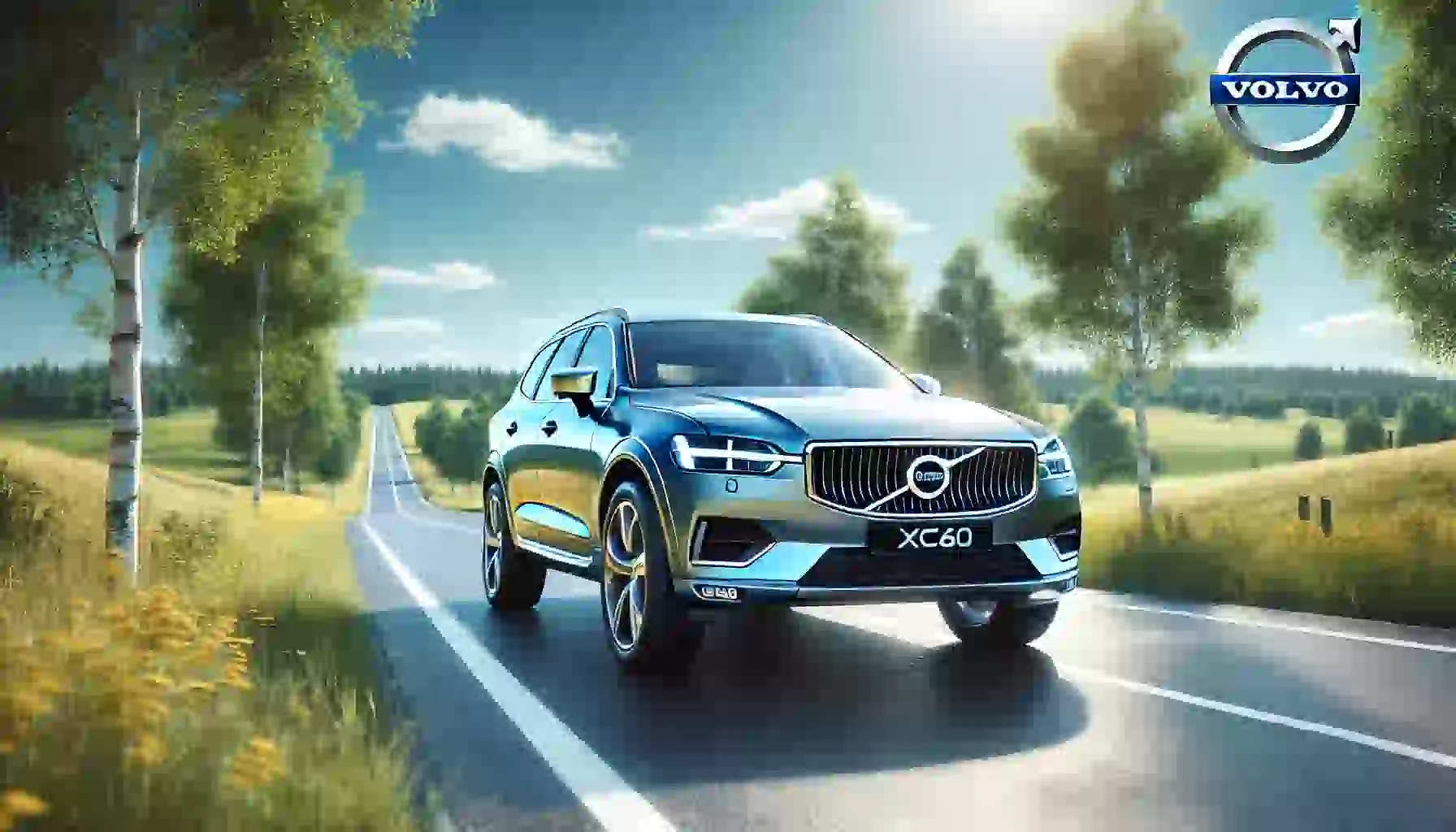 ボルボXC60が緑豊かな道路に停車している光景。車の洗練されたデザインと信頼性を象徴するフォトリアリスティックな画像。