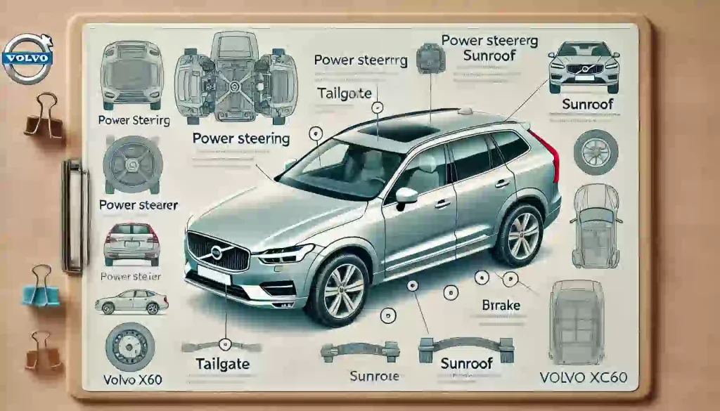 ボルボXC60の故障が多いとされるパワーステアリングやテールゲートなどのパーツ図解。