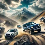 ジムニーの歴代最強モデル（JA11・JA22・LJ10）がオフロードを走るイメージ画像。