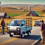 アメリカの田舎道を走る日本の軽トラ（ホンダ アクティまたはスズキ キャリイ）。広大な草原と農場の背景に、アメリカ人が興味深そうに軽トラを見ている様子。