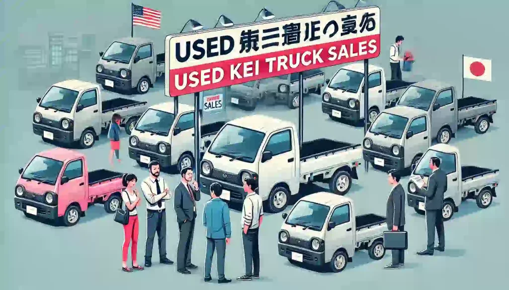 アメリカまたは東南アジアの中古車ディーラーで、日本の軽トラが販売されている様子。『Used Kei Truck Sales』の看板があり、アメリカ人や東南アジアのバイヤーが軽トラをチェックしている。