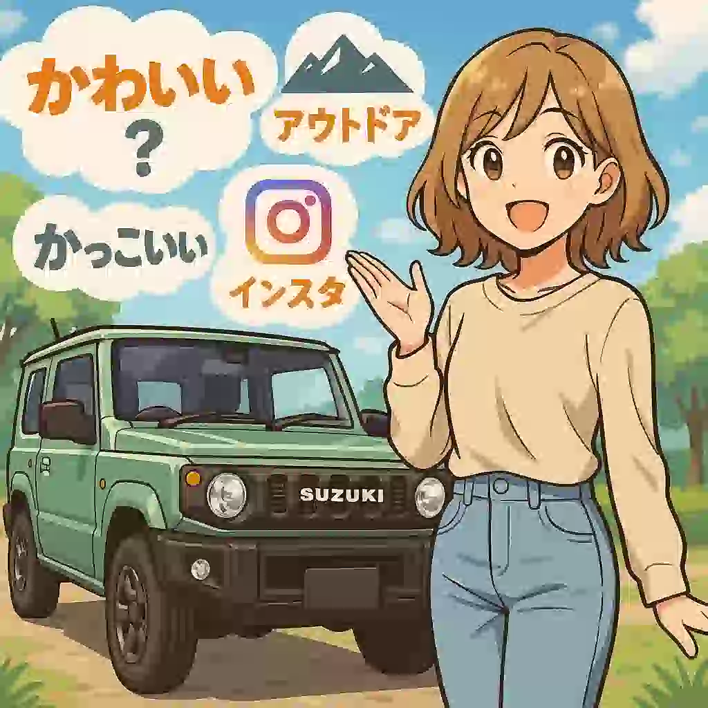 ジムニーと一緒にポーズをとる女性。魅力やSNSでの注目を象徴するアニメ風イラスト
