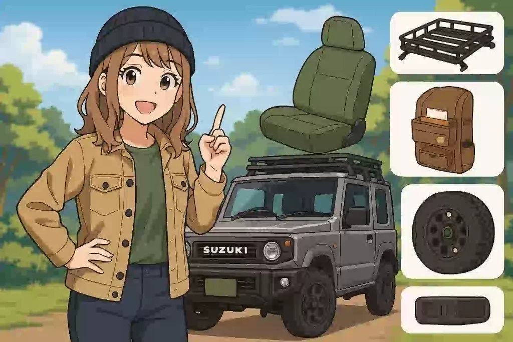 カスタムパーツを紹介する女性とジムニー、パーツアイコンが並ぶアニメ風イラスト