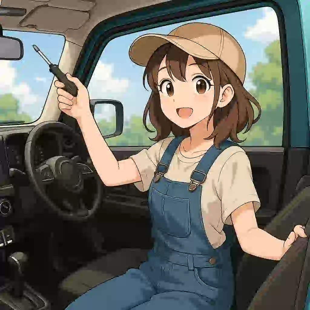 車内で整備を楽しむジムニー女子。DIY感あふれるアニメ風イラスト
