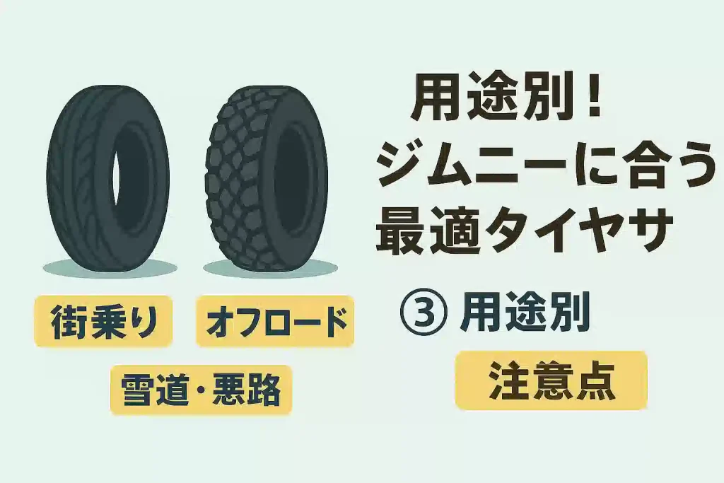 ジムニーの用途別タイヤ選びを街乗り・オフロード・雪道の3分類で示す横長バナー。