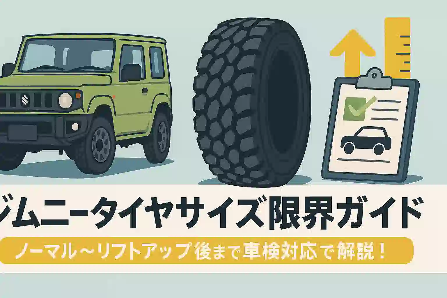 ジムニーのタイヤサイズ限界と車検対応を解説する横長イラストバナー画像。