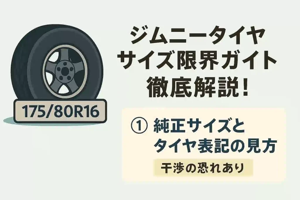 ジムニーのタイヤサイズ表記と純正サイズについて解説した横型バナー。
