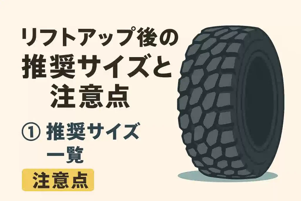ジムニーのリフトアップ後に適したタイヤサイズと注意点を解説した横長バナー。
