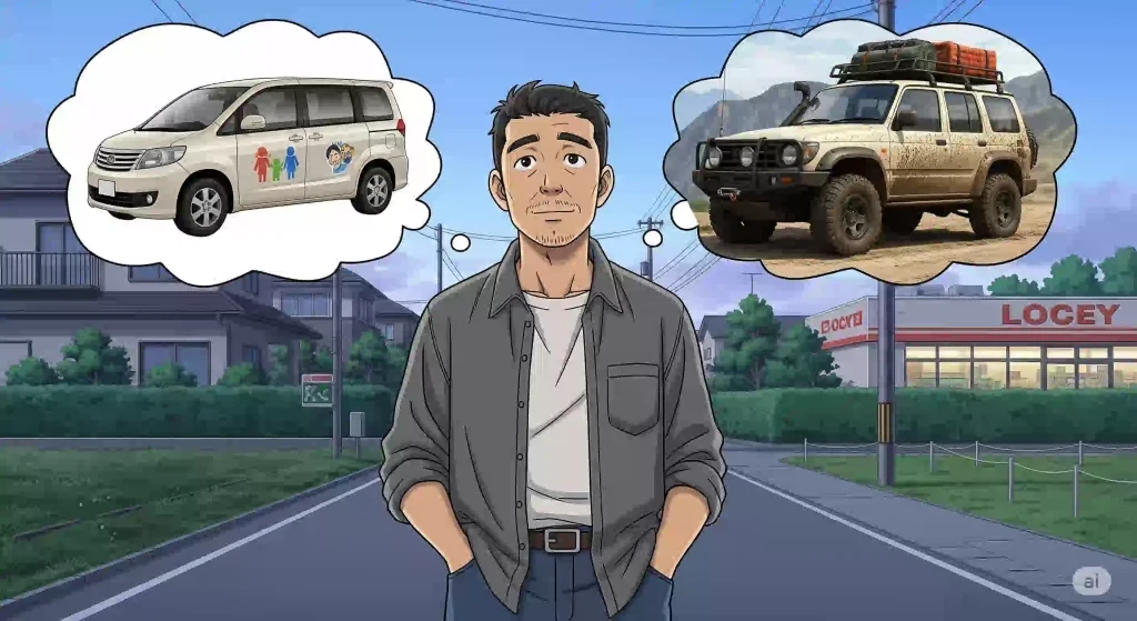 30代の日本人男性が、実用的なミニバンと冒険的なオフロード車のどちらを選ぶか悩んでいる様子のアニメ風イラスト。彼の頭上にはそれぞれの車の思考の泡が浮かんでおり、日常と趣味への願望が混じり合っている。