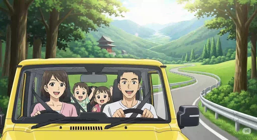 30代の日本人男性が、妻と2人の幼い子供たちを乗せてスズキジムニーを運転しているアニメ風イラスト。家族は楽しそうで、美しい自然の風景の中を冒険的なドライブをしており、家族の絆と忘れられない思い出が表現されている。