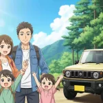 30代の日本人男性が妻と2人の幼い子供たちと一緒にスズキジムニーの隣に立っているアニメ風イラスト。家族はキャンプ場か釣り場のような自然豊かな場所にいて、皆が楽しそうで、父親は満足げな表情をしている。