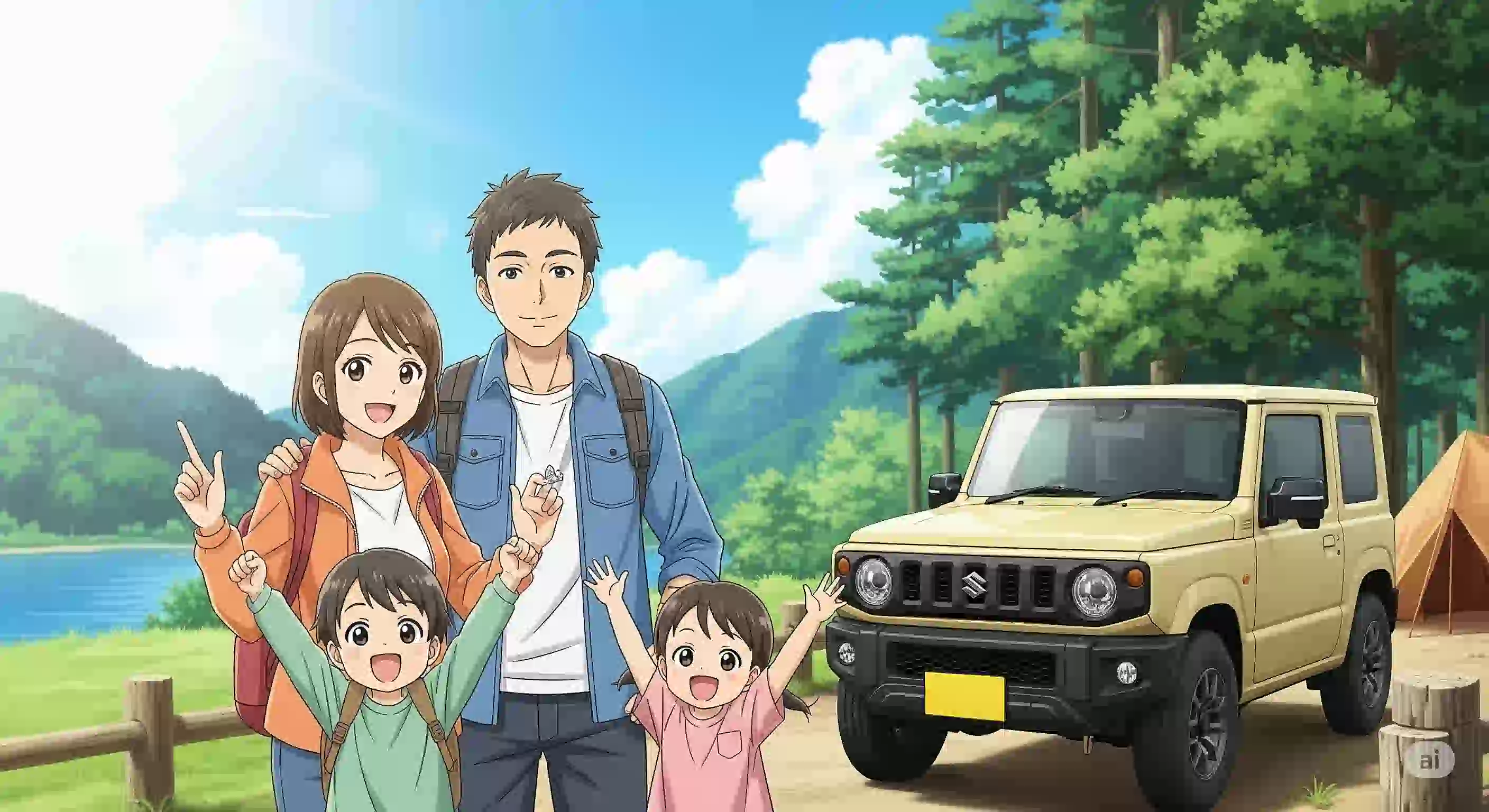 30代の日本人男性が妻と2人の幼い子供たちと一緒にスズキジムニーの隣に立っているアニメ風イラスト。家族はキャンプ場か釣り場のような自然豊かな場所にいて、皆が楽しそうで、父親は満足げな表情をしている。