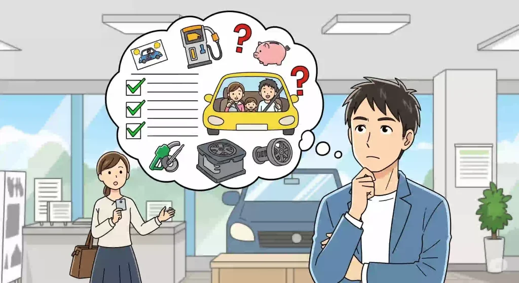 30代の日本人男性が、ガソリン代、家族、貯金箱など、車に関する様々な疑問符や要素が描かれたチェックリストを見ているアニメ風イラスト。購入前の現実的な検討事項を表現している。