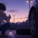 早朝の駐車場で、愛車のタイヤがパンクしているのを発見し、愕然と立ち尽くす男性のイラスト