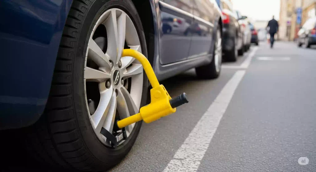 車のホイールに、視覚的な抑止力として鮮やかな黄色のタイヤロックが取り付けられている画像です。