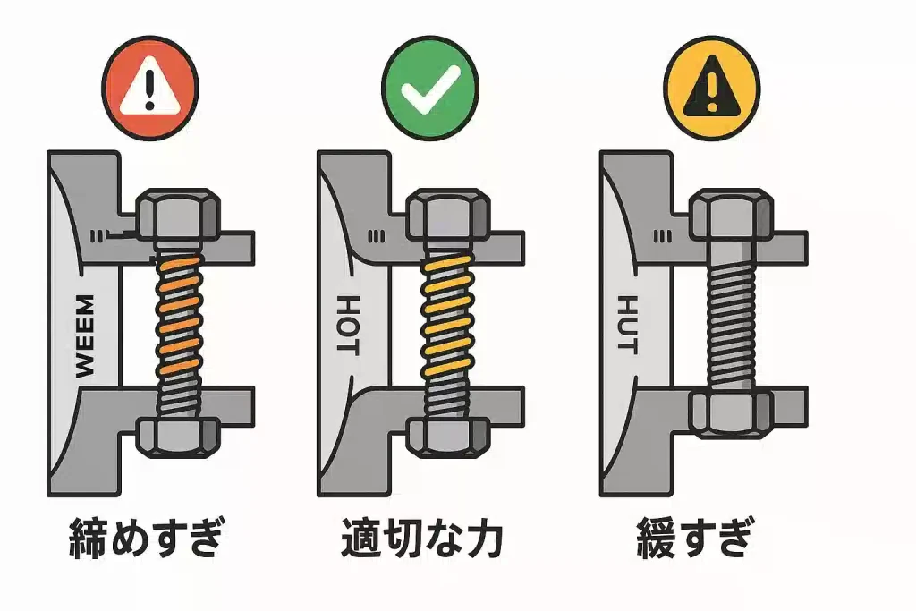 ホイールナットの締め付け力を比較した図解。「締めすぎ」「緩すぎ」の危険な状態と、「適切な力」で安全な状態を示している。