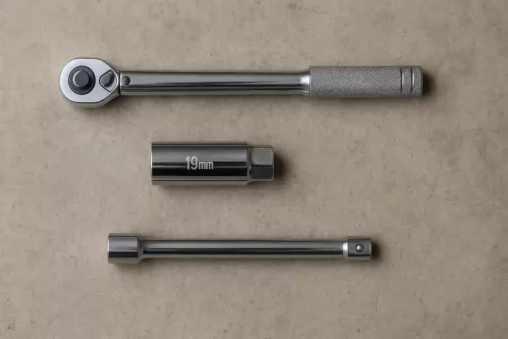 ジムニーのDIYに必要な「三種の神器」であるトルクレンチ、19mm薄口ディープソケット、エクステンションバーが並べられた写真。