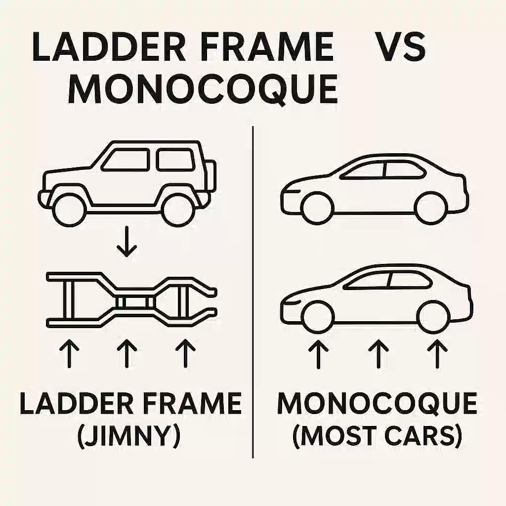 ジムニーに採用されている「ラダーフレーム構造」と、一般的な乗用車に使われる「モノコック構造」を比較した分かりやすい図解。ラダーフレームの方が路面からの振動が直接的に伝わる様子を示している。