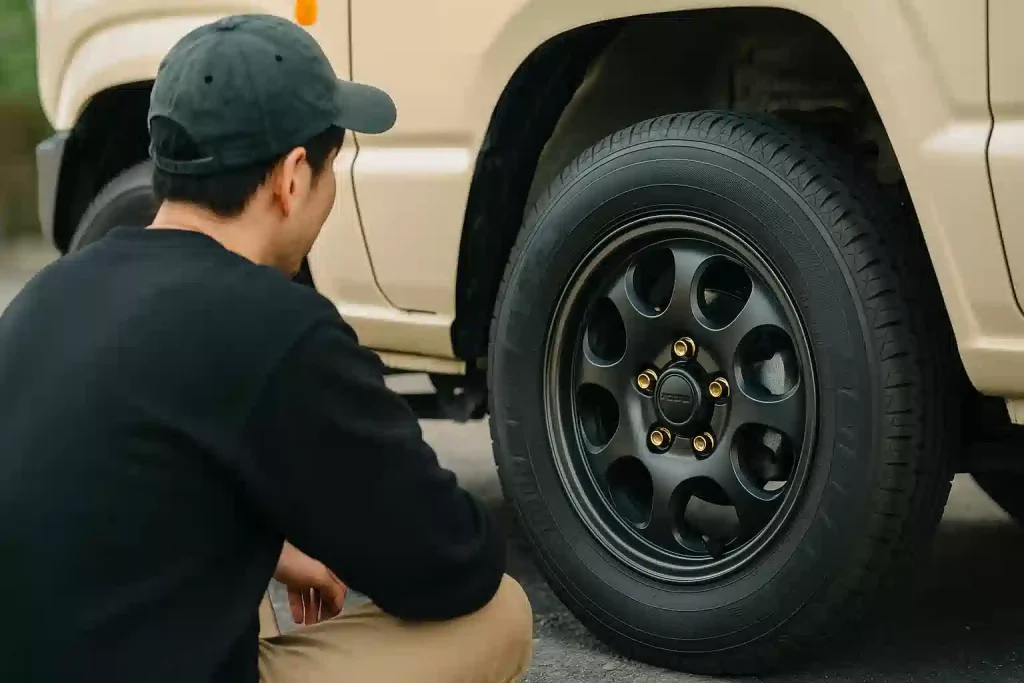 こだわりのナットが装着されたジムニーの足回りを、オーナーが愛おしそうに眺めている後ろ姿の写真。