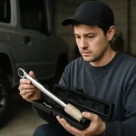 ガレージで、ジムニーのオーナーが少し緊張した表情で、新品のトルクレンチをケースから取り出している写真。