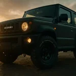 霧深い夜明けの峠道に停まる、無骨な鉄チンホイールを装着したカスタムジムニー。冒険心を掻き立てるアイキャッチ画像。