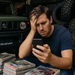 ジムニーのタイヤ選びの情報が多すぎて、頭を抱えている男性オーナー