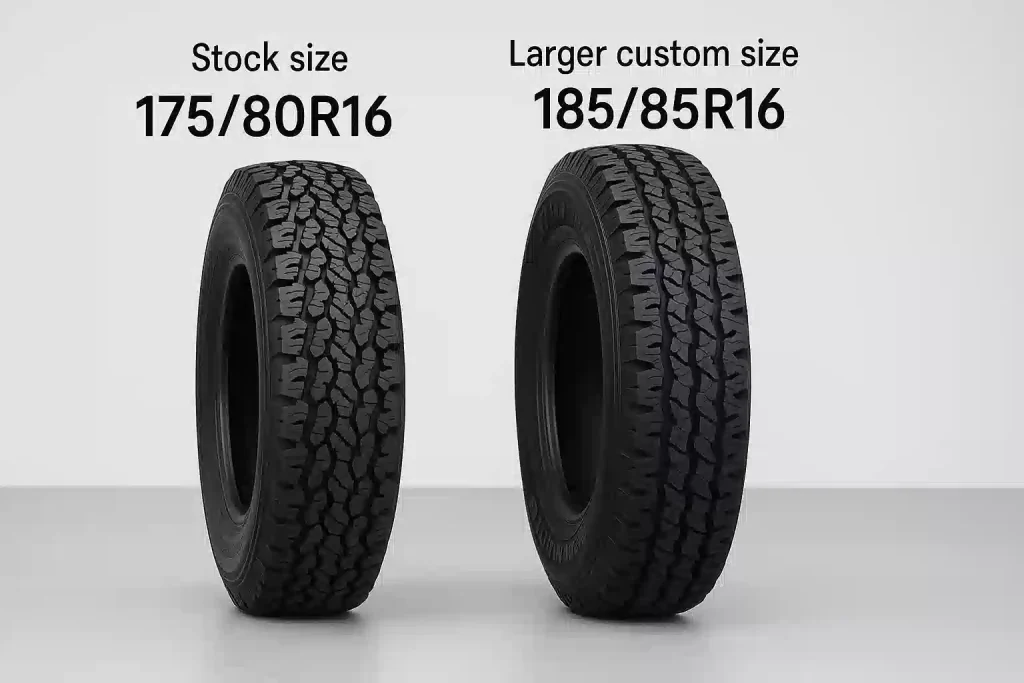 ジムニーの純正サイズタイヤ(175/80R16)とカスタムサイズタイヤ(185/85R16)を並べて、太さと高さを比較している写真