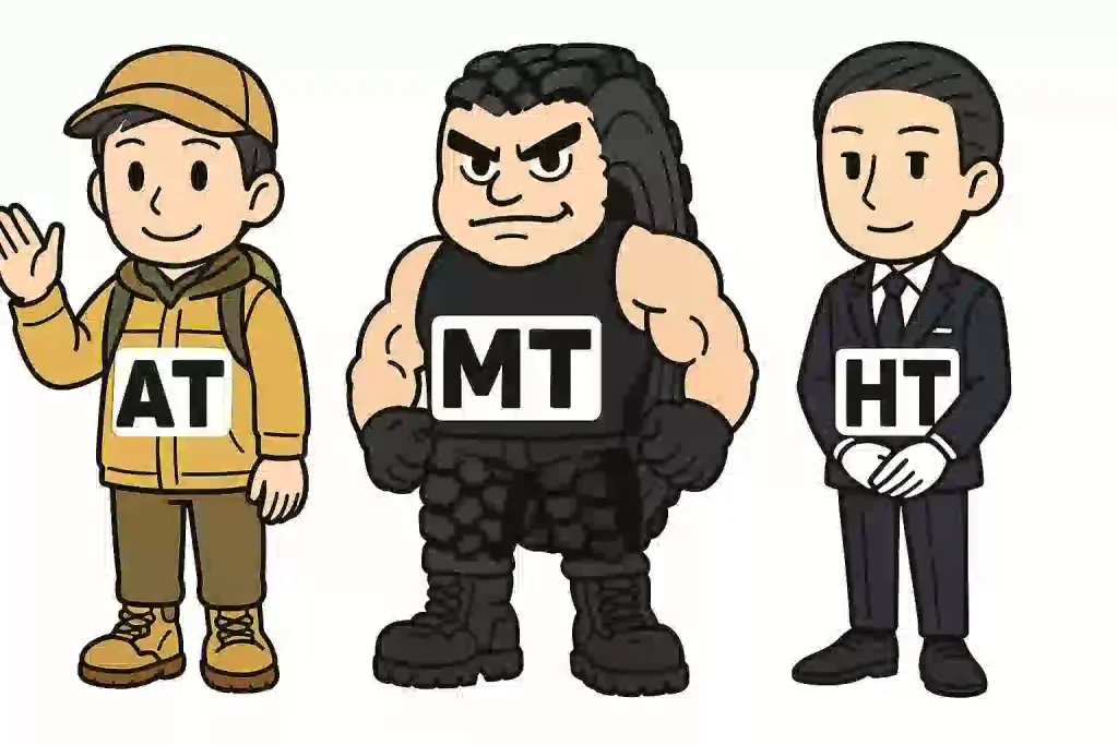 ジムニーのAT(オールテレーン)、MT(マッドテレーン)、HT(ハイウェイテレーン)タイヤを擬人化した3人のキャラクターのイラスト