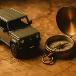 冒険の古地図の上に置かれたコンパスとジムニーのミニカー