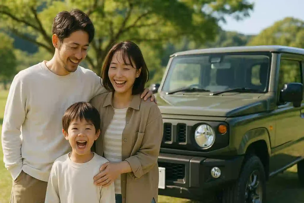 30代の夫婦と5歳の子供が、愛車のジムニーの横で楽しそうに笑い合っている家族写真。