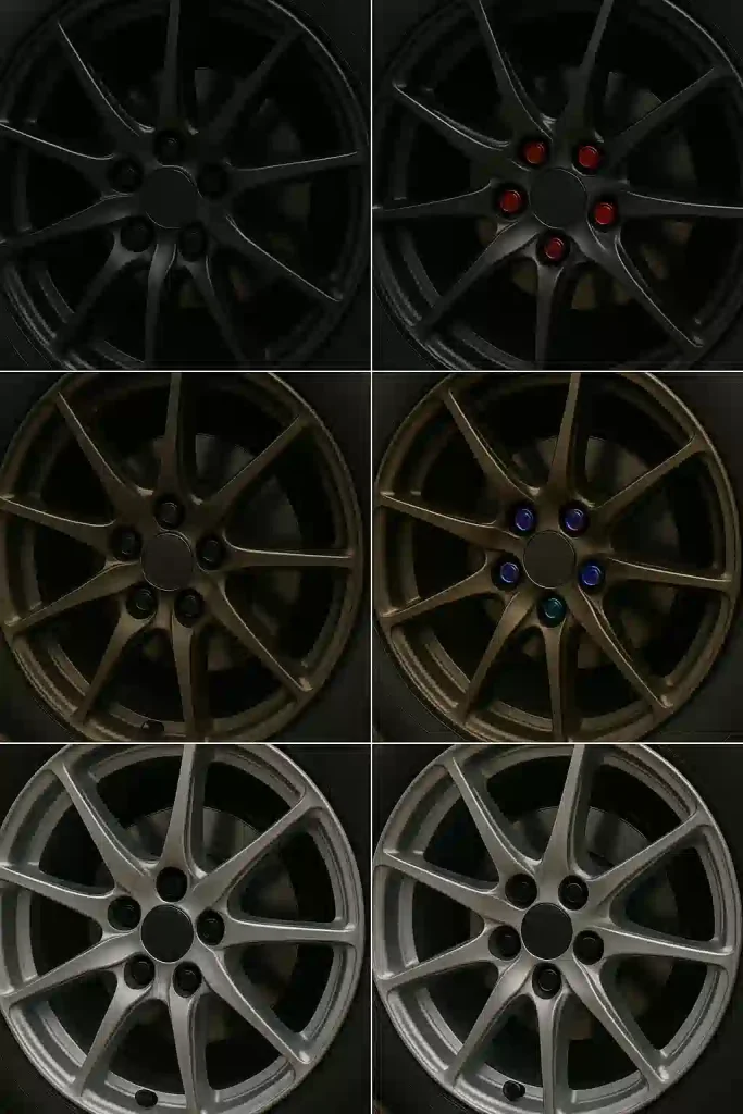 黒、ブロンズ、シルバーの3種類のホイールに、それぞれ黒、赤、青、チタンカラーのナットを組み合わせた比較写真ギャラリー。
