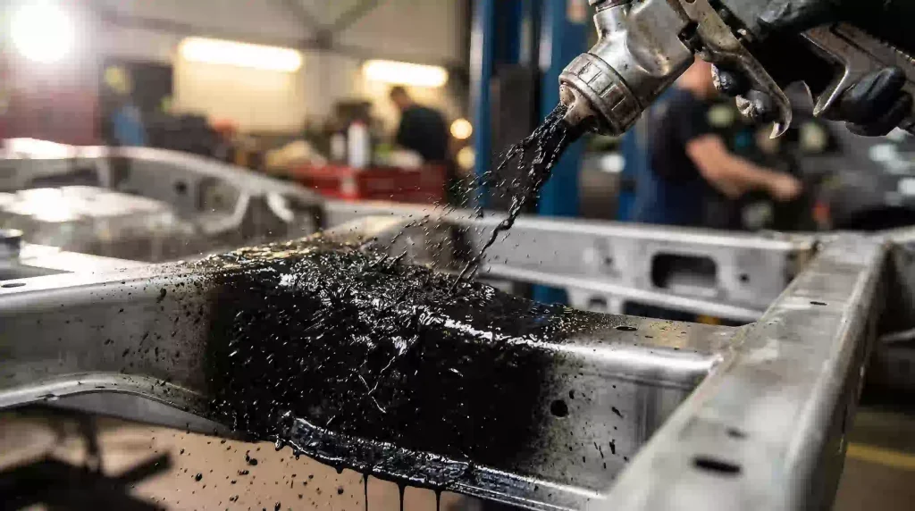 プロ用のスプレーガンで、清潔な金属製シャーシに黒いラバー系アンダーコート剤を吹き付けている極めて近接した撮影です。新鮮で濡れた光沢のあるコーティング材の質感と厚みが鮮明に捉えられ、防錆保護層の効果を視覚的に示しています。サイドライトが塗料の反射を強調し、プロフェッショナルな施工の様子を表現しています。