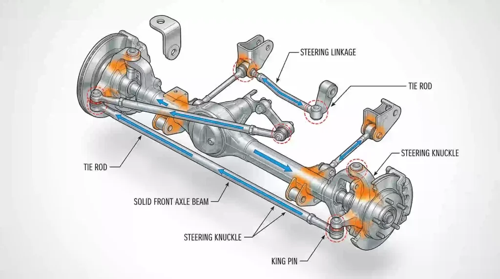 ジムニーのフロントリジッドアクスルサスペンションの内部構造を可視化した3D技術図です。タイロッド、ステアリングリンケージ、ナックル、キングピン、ソリッドフロントアクスルビームの接続関係を半透明で表現し、青い矢印で力の流れ、オレンジで応力点、赤い円で摩耗箇所を示しています。技術的な正確性と視覚的な分かりやすさを両立しています。