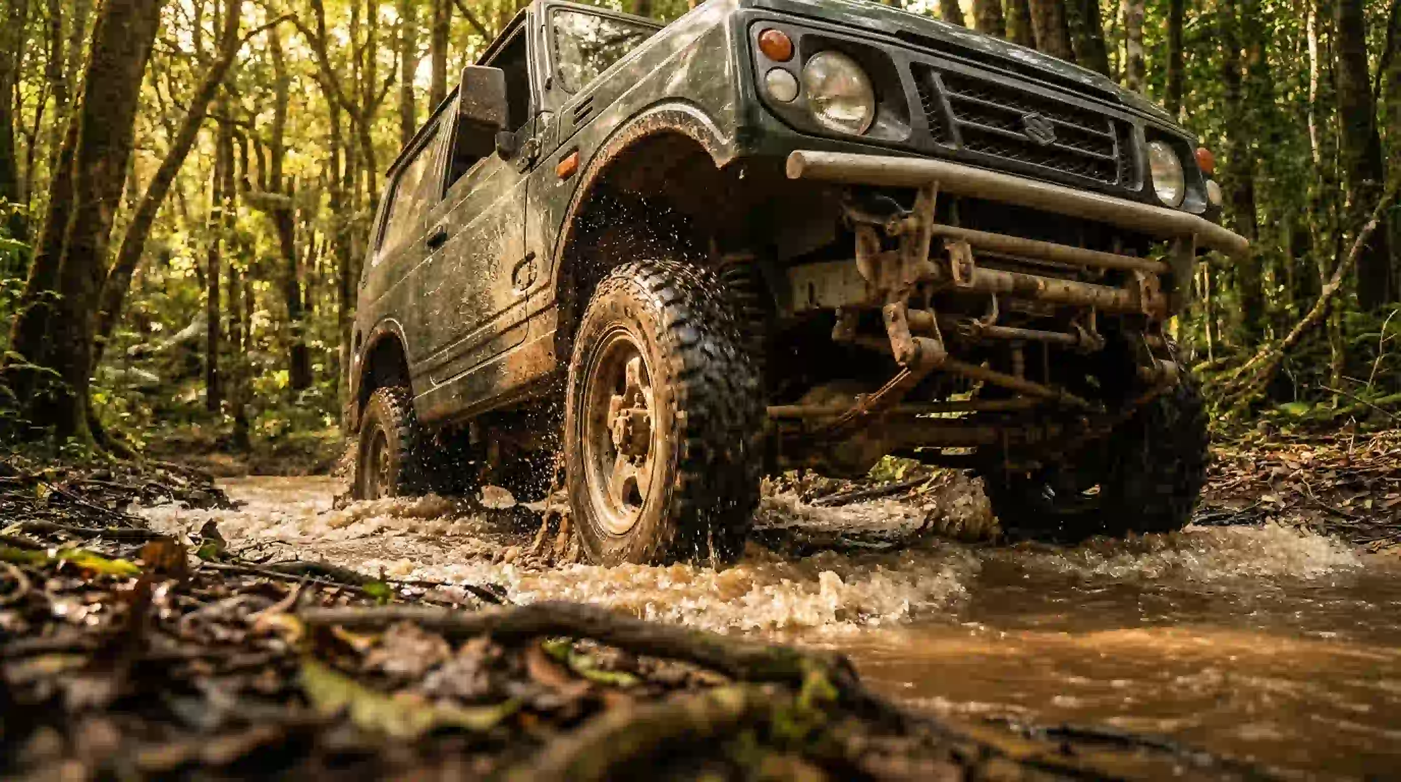 森の中の泥水の川床を力強く走行するジムニーを、地面レベルの低いアングルから撮影した画像です。フロントの下回り、サスペンション、シャーシが強調され、泥水が激しく跳ね上がっている様子が劇的に表現されています。木々の間から差し込む黄金色の太陽光が、過酷な環境に挑むジムニーの力強さを際立たせています。