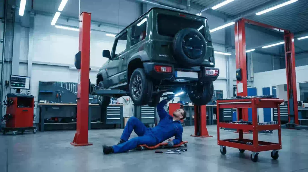 明るく清潔なプロの整備工場で、ジムニーが赤い油圧リフトに高く上げられ、青い作業服を着た整備士が明るいLEDライトでサスペンションと下回りを丁寧に点検している様子です。背景には整理整頓された工具や診断機器が配置され、プロフェッショナルな整備環境を表現しています。クールトーンの蛍光灯照明が、メンテナンスと修理作業の重要性を強調しています。