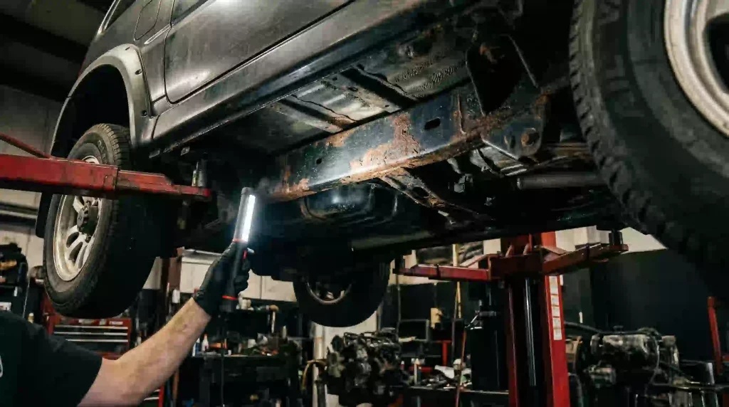 薄暗い整備工場で、赤いリフトに上げられたジムニーの下回りを、メカニックがLEDライトで照らしている様子です。光のビームが、黒く塗装されたラダーフレームに広がる赤茶色の錆を浮かび上がらせています。オイル汚れや摩耗した金属表面のリアルな質感が、錆の深刻さを伝える構図になっています。