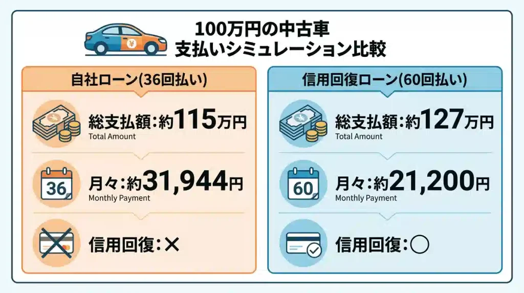 100万円の中古車購入シミュレーション比較 - 自社ローン総支払額115万円(月々31,944円)と信用回復ローン総支払額127万円(月々21,200円)の違い