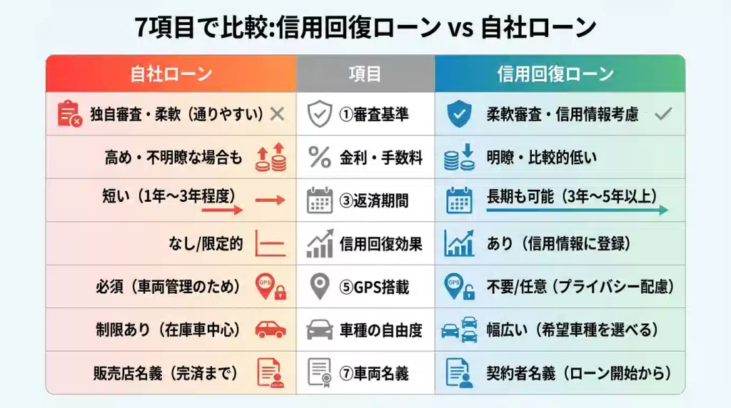 信用回復ローンと自社ローンの7項目比較表 - 審査基準、金利、返済期間、信用回復効果、GPS搭載、車種の自由度、車両名義を一覧比較